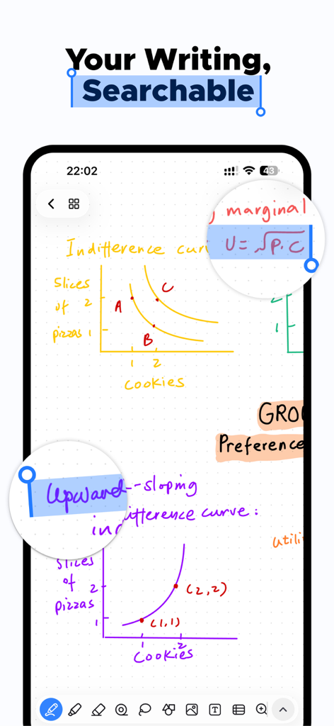 Notewise - AI Notes, PDF, Docs - A smartphone screen displaying the Notewise app with handwritten economics notes and a highlighted search feature.