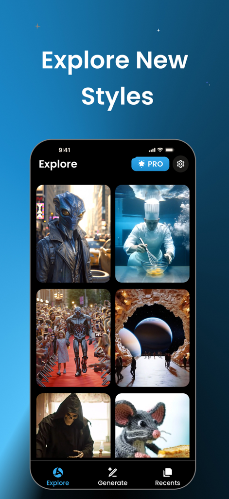 Explore screen of the AI Video Generator app displaying a gallery of diverse AI-generated video styles and creative templates.