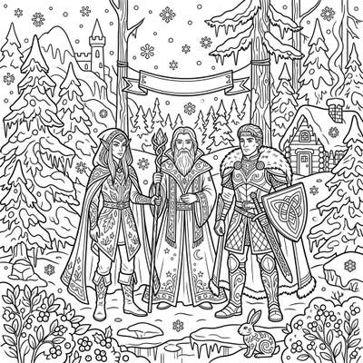 Embark on an enchanting journey with this intricate coloring page featuring a valiant elf, a wise wizard, and a brave knight amidst a serene winter wonderland. Perfect for fantasy lovers, this design invites you to bring a snowy epic to life with your favorite colors.