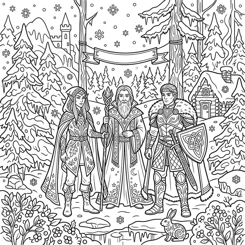 Embark on an enchanting journey with this intricate coloring page featuring a valiant elf, a wise wizard, and a brave knight amidst a serene winter wonderland. Perfect for fantasy lovers, this design invites you to bring a snowy epic to life with your favorite colors.