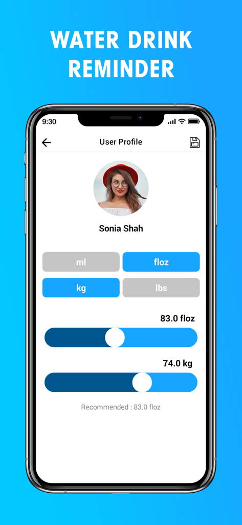 H2O : Drink Water Reminder - User profile screen in the H2O Drink Water Reminder app showing hydration goal and weight settings