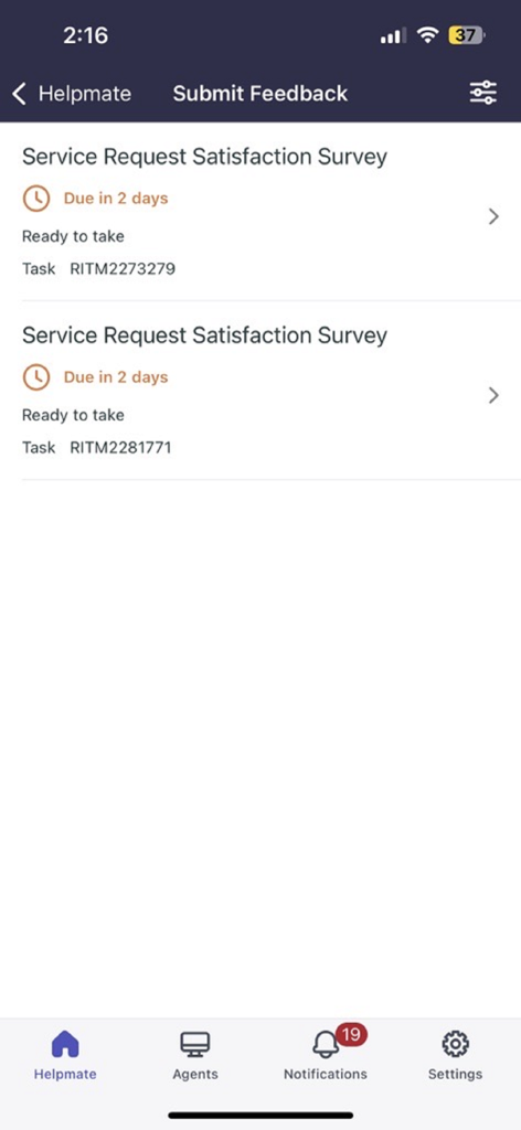 Genpact Hub - Genpact Hub app Submit Feedback screen displaying service request satisfaction surveys.