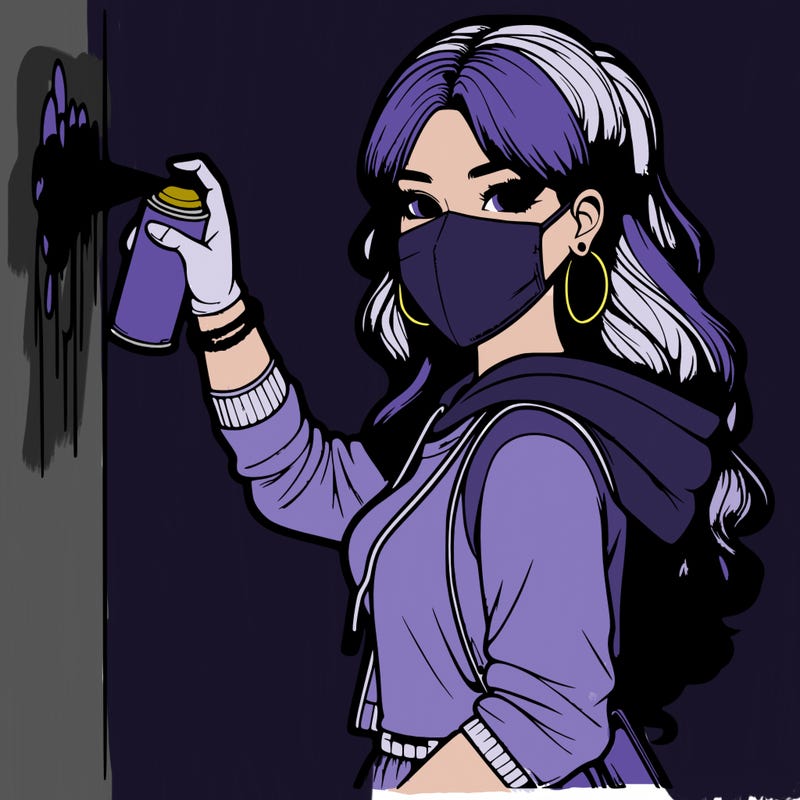 realistic girl with mask spray painting a wall