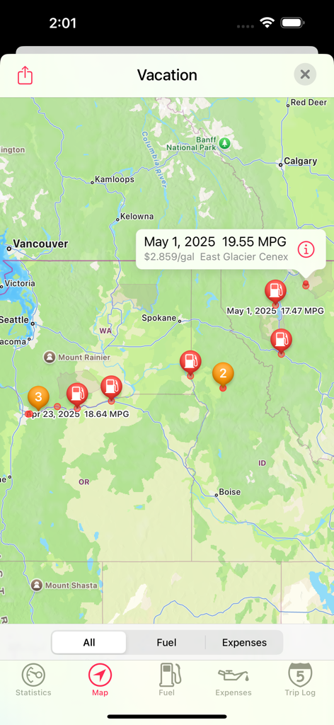 Map interface in Road Trip MPG displaying fuel stops and MPG data for a trip