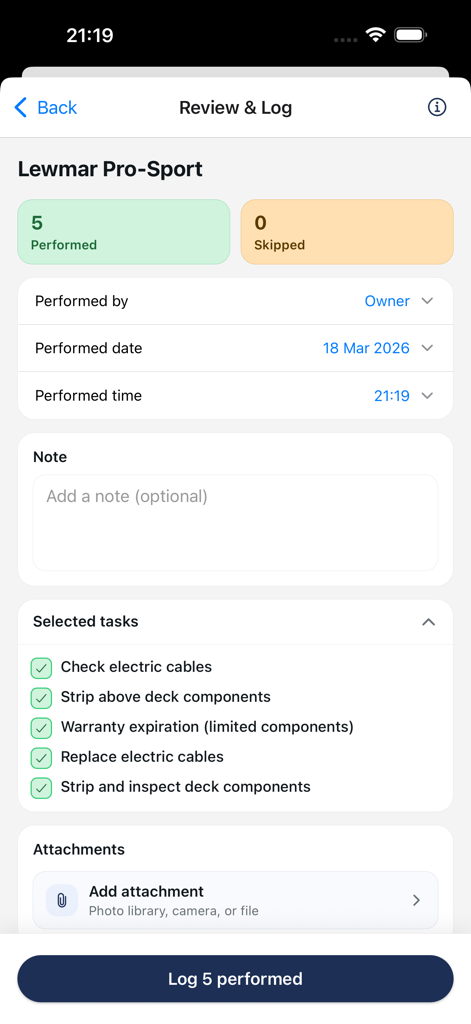 Boat Maintenance Planner - A screenshot of the Boat Maintenance Planner app's Review and Log screen showing completed tasks for a Lewmar Pro-Sport.