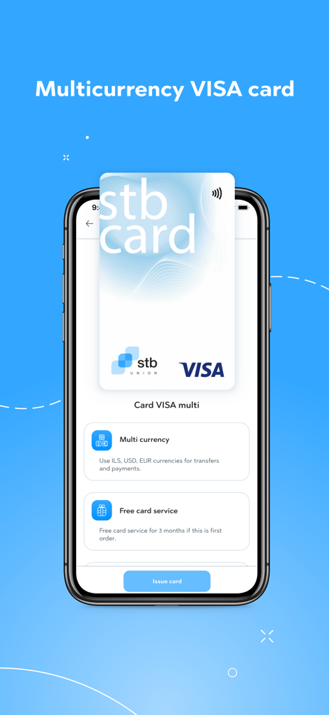 STB Union - Money transfer app - Mobile app screen displaying the STB Union multicurrency Visa card for global financial management.
