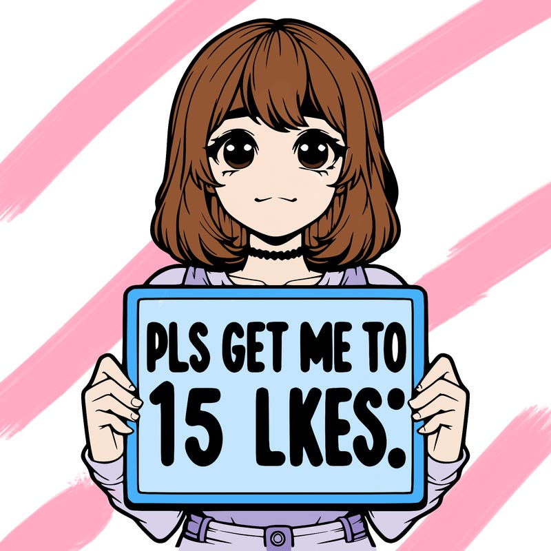 realistic girl holding up a sign that says “pls get me to 15 likes!”