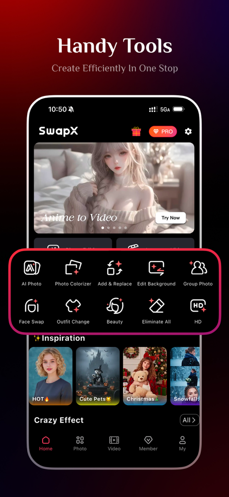 SwapX: AI Video&Photo Creator - SwapX mobile app screen displaying a variety of AI photo and video editing tools