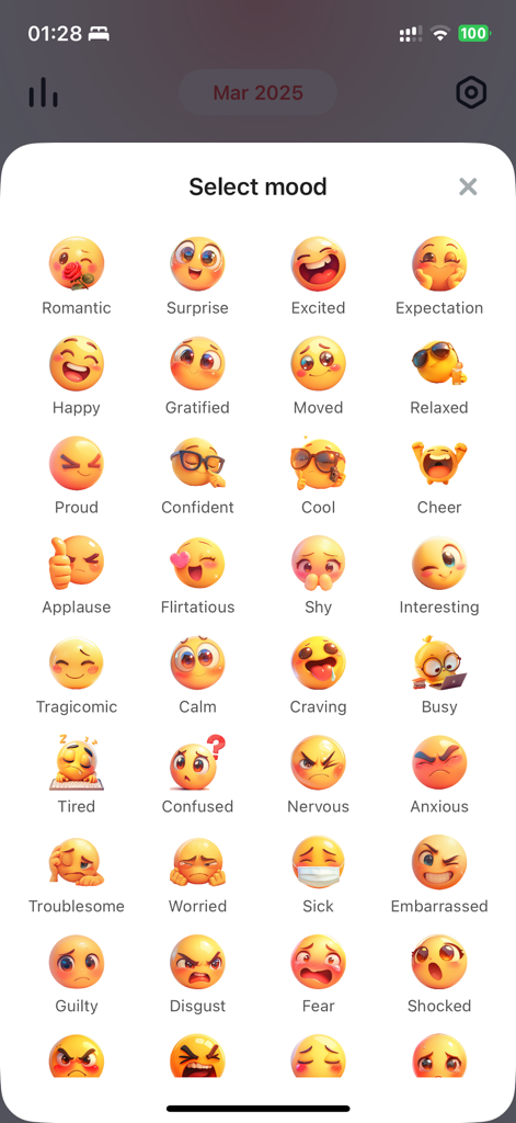 The mood selection screen of the Mood Jar app featuring a grid of cute emoticons representing various emotions.