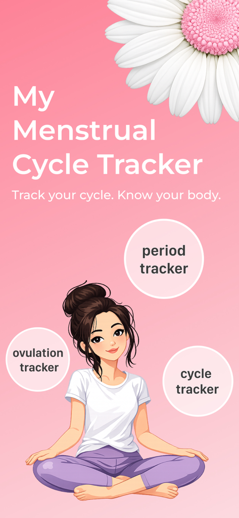 Menstrual Cycle Tracker App - Pantalla de introducción de la aplicación Cycle Day que muestra una mujer meditando y categorías de seguimiento de ciclo