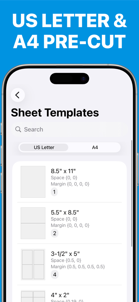 Oberfläche der Label Maker Business Edition App, die eine Liste von Blattvorlagen für US-Letter- und A4-Vorgestanzte Klebeetiketten anzeigt.