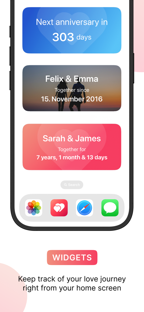 Luvy - Couples & Relationship - Drei ästhetische iOS-Startbildschirm-Widgets zur Verfolgung von Beziehungsjubiläen und der gemeinsam verbrachten Zeit
