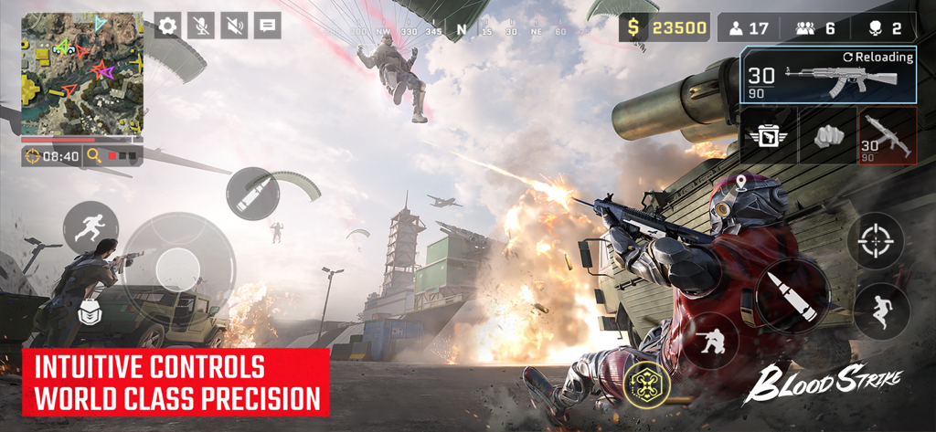 Blood Strike - FPS for all - Gameplay d'azione frenetico in Blood Strike che mostra un personaggio che scivola e spara con controlli intuitivi