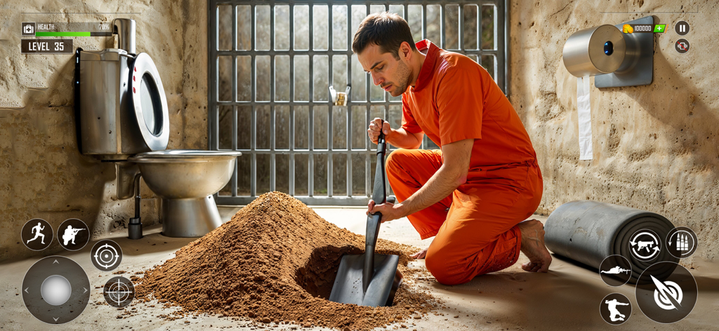 Jail Break Prison Escape Game - A prisoner in an orange jumpsuit digging an escape hole inside a prison cell using a shovel.