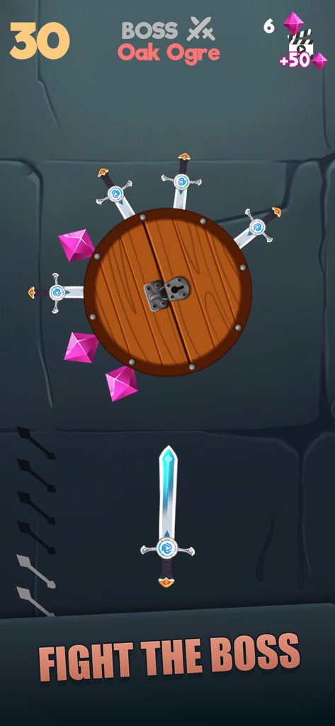 Treasure Masters - Jugabilidad de Treasure Masters mostrando una batalla contra el jefe Oak Ogre disparando espadas