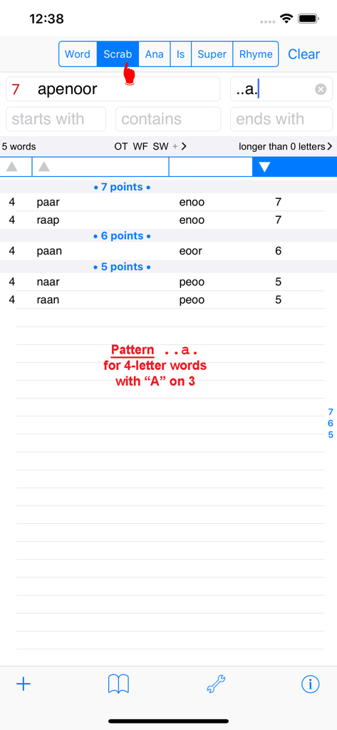 Oberfläche der NL Woordvinder-App, die eine Scrabble-Wortsuche mit einem bestimmten Buchstabenmuster anzeigt