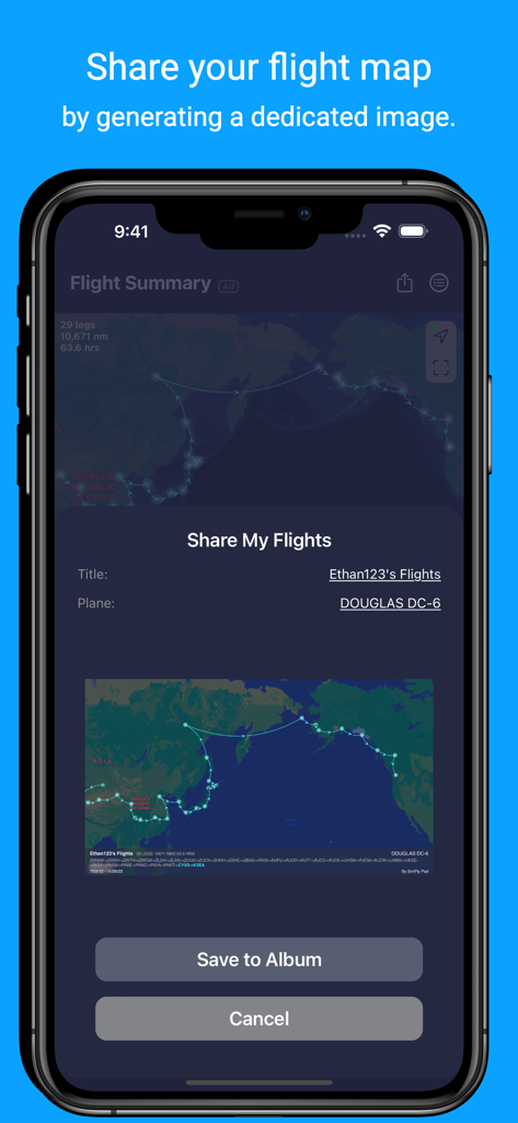 SimFly Pad - Screenshot of the SimFly Pad app showing a flight path map summary with options to share and save to album.