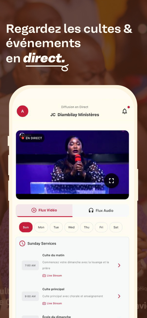 JC Diambilay Ministries - JC Diambilay Ministries app interface showing a live video broadcast and service schedule