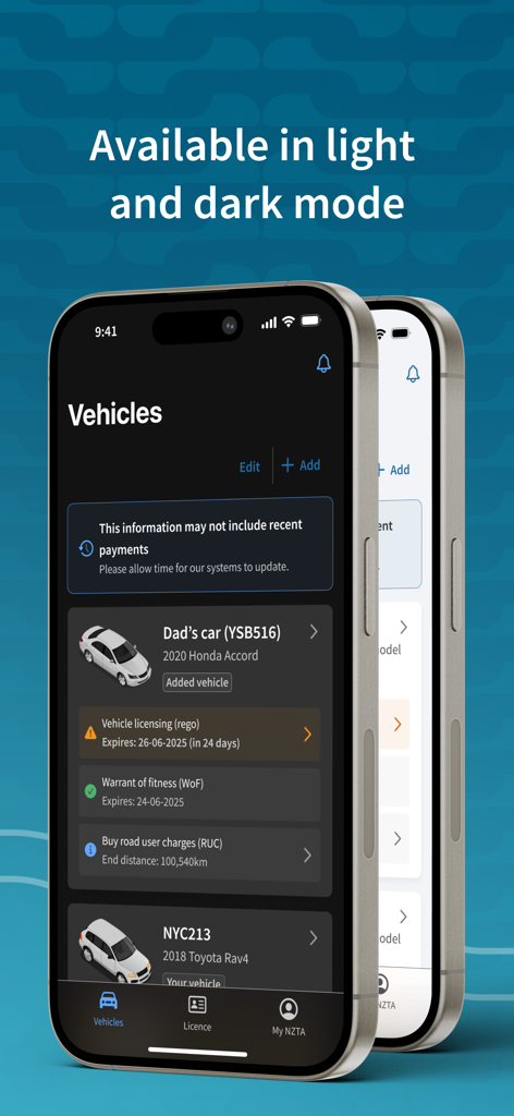NZTA Waka Kotahi app interface showing vehicle management in light and dark modes