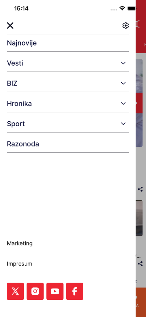 alo.rs - Side navigation menu of the Alo.rs Serbian news app showing various news categories and social media icons