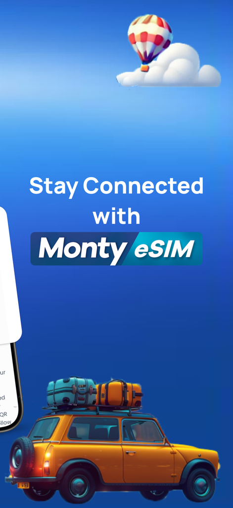 旅行アイコンと接続維持メッセージを表示するMonty eSIMアプリの画面