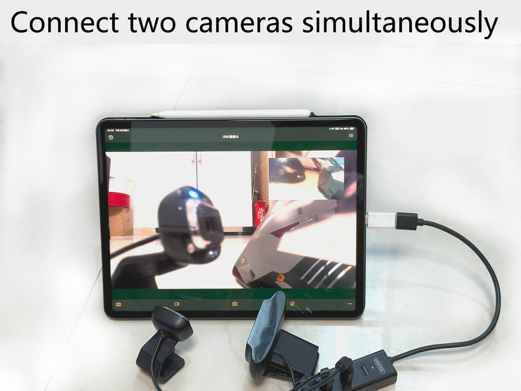 USB Camera Pro app on iPad showing two connected external cameras in picture-in-picture view
