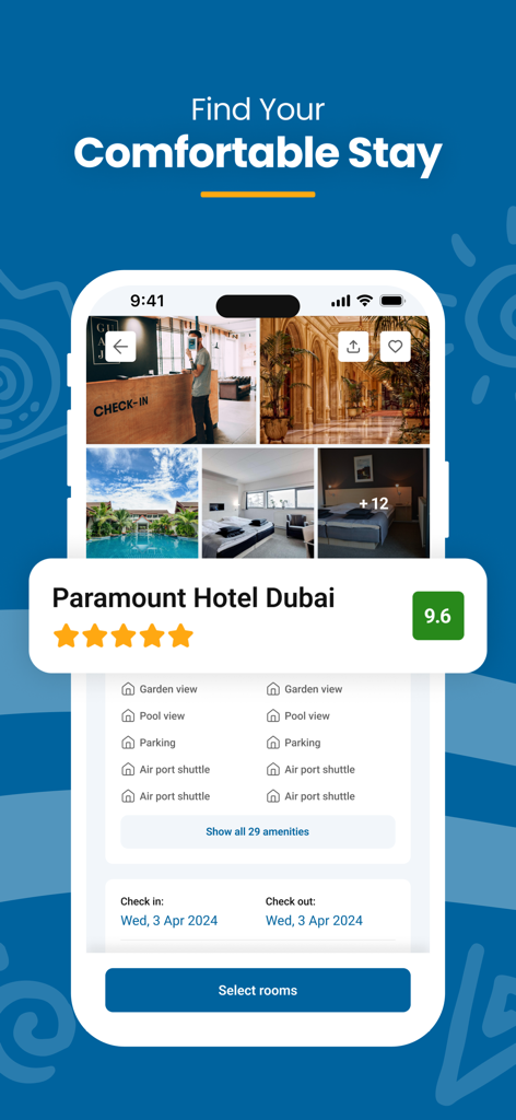 MacQueen hotel booking app interface showing details for Paramount Hotel Dubai