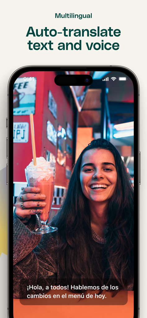 Opus Training - A mobile app interface showing a training video with auto-translated Spanish subtitles for a frontline restaurant employee.