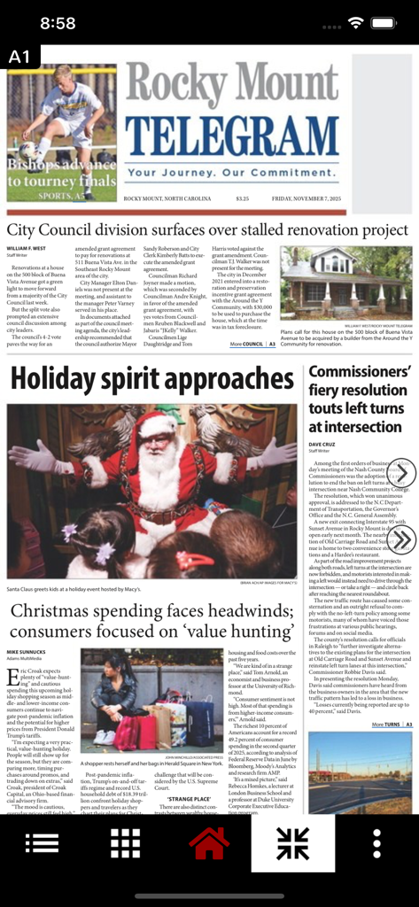 Digital replica edition of the Rocky Mount Telegram news app showing local headlines and a photo of Santa Claus.