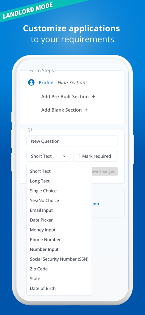 RentRedi app interface for landlords to customize rental applications with various input fields