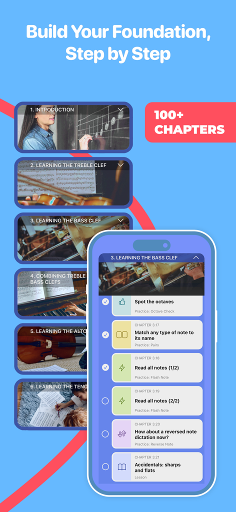 Notaforte: Sight Reading Tutor - Interface of Notaforte app showing a structured music theory curriculum with over 100 chapters covering treble, bass, and alto clefs.