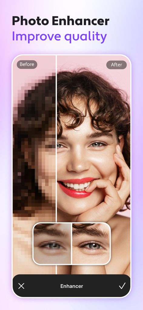 Cosmo: AI Editor, Hair Filters - Comparación de antes y después de un potenciador de fotos con IA que muestra una mejora en la calidad de la imagen