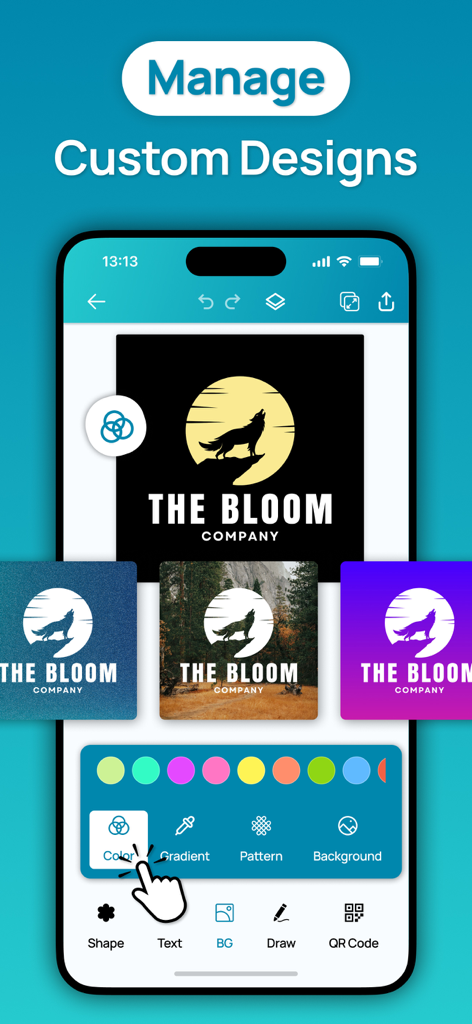 Logo Maker - Business Logo - Logo Maker app interface showing custom design options for a business logo with various backgrounds.