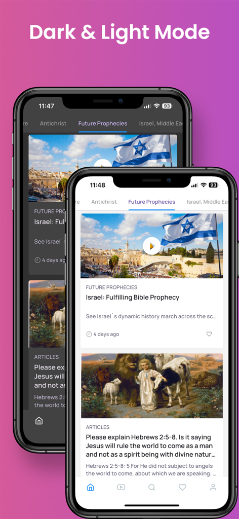 Ein Vergleich der Benutzeroberfläche der Bibel-Antworten-App in dunklen und hellen Anzeigemodi auf zwei Smartphones.