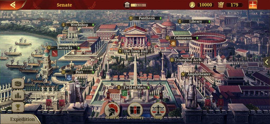 Great Conqueror: Rome - The Senate city management view in Great Conqueror Rome showing historical buildings like the Pantheon and Colosseum