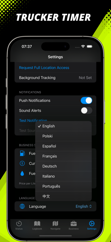 Trucker Timer app settings screen showing language selection options for international drivers.