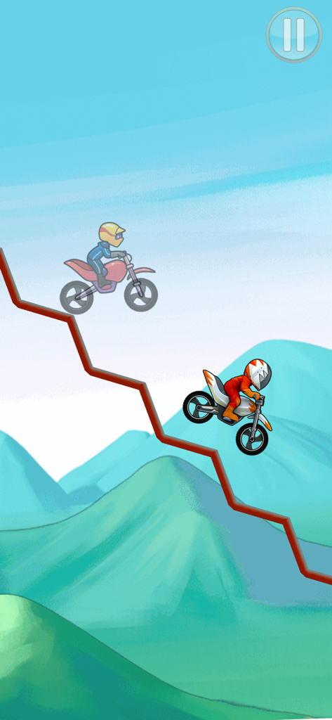 Two motorcycle riders competing on a zigzag track in a mountain setting