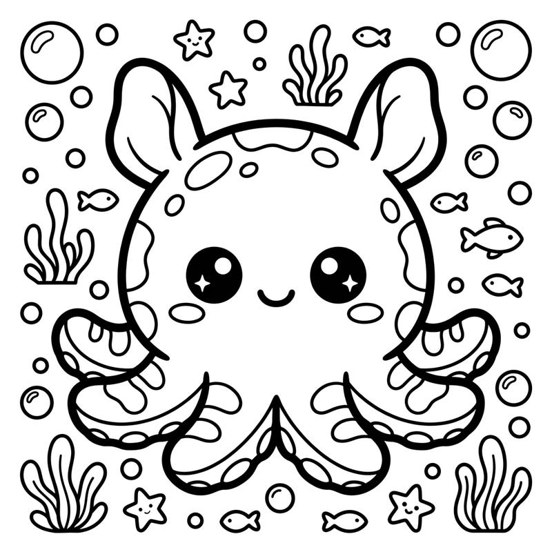 Discover the enchanting world beneath the waves with this charming Kawaii Flapjack Octopus coloring page. Its delightful design, featuring a happy octopus and friendly sea creatures, promises hours of creative fun for colorists of all ages.