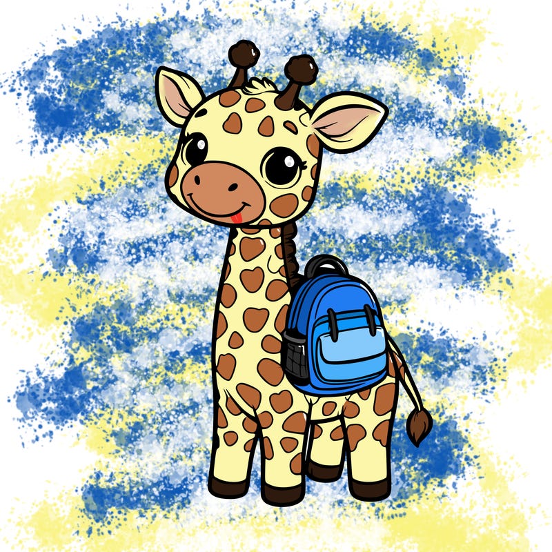 a giraffe with a schoolbag on his back