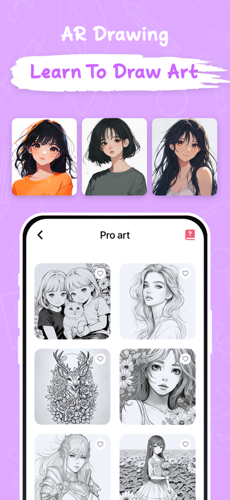 AR Draw Sketch & Trace © - AR Draw Sketch app interface showing anime and pro art templates for tracing.