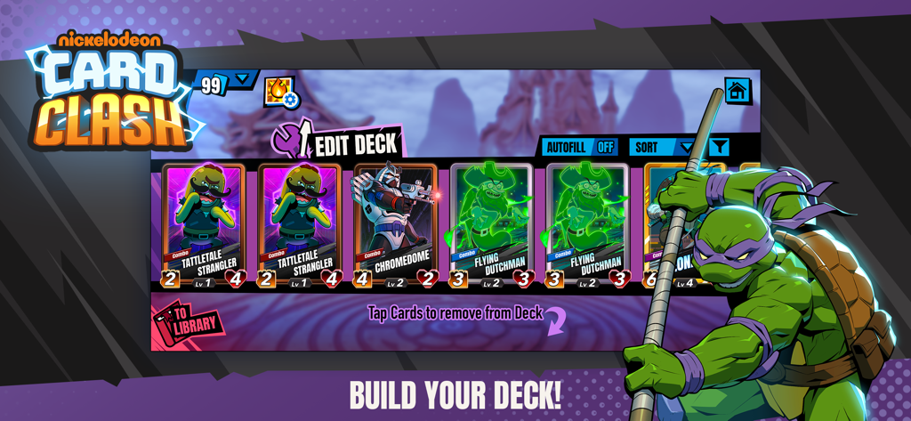 Nickelodeon Card Clash - Nickelodeon Card Clash deck building screen featuring cards of the Flying Dutchman and a large Donatello from TMNT