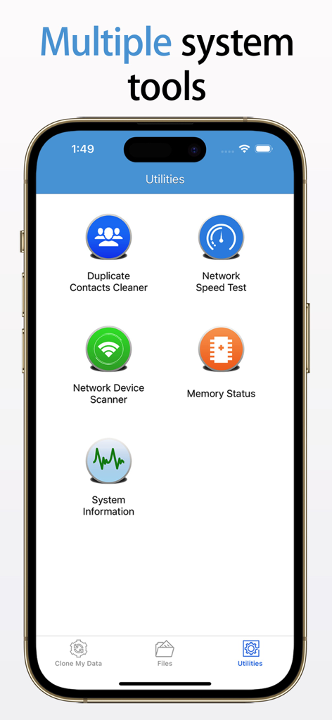 Clone My Data-Sync&Backup Data - iPhone app interface showing multiple system utility tools including contact cleaner and network speed test
