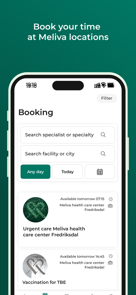Meliva Sweden - The booking interface of the Meliva app for scheduling medical appointments and vaccinations.