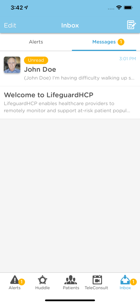 LifeguardHCP-Mobil-App-Posteingangsbildschirm mit ungelesenen Patientennachrichten und klinischen Warnmeldungen