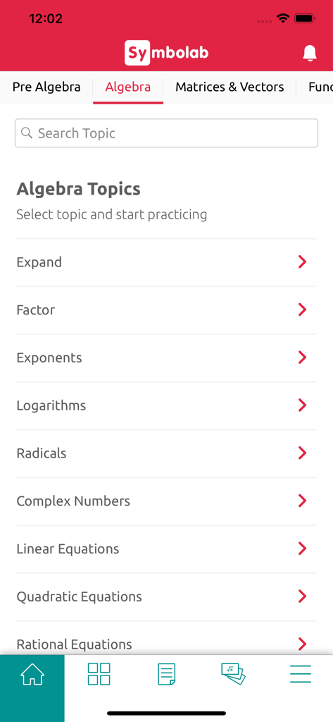 Symbolab Practice app screen showing a list of algebra study topics