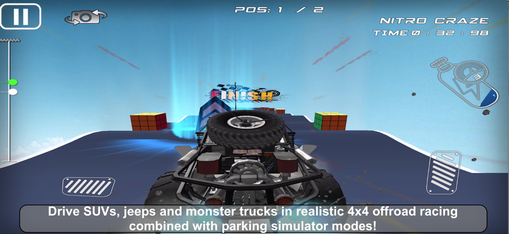 4x4 OFFROAD MONSTER TRUCK RACE - Um monster truck 4x4 a correr em direção à linha de chegada num ambiente de jogo de simulador para telemóvel.