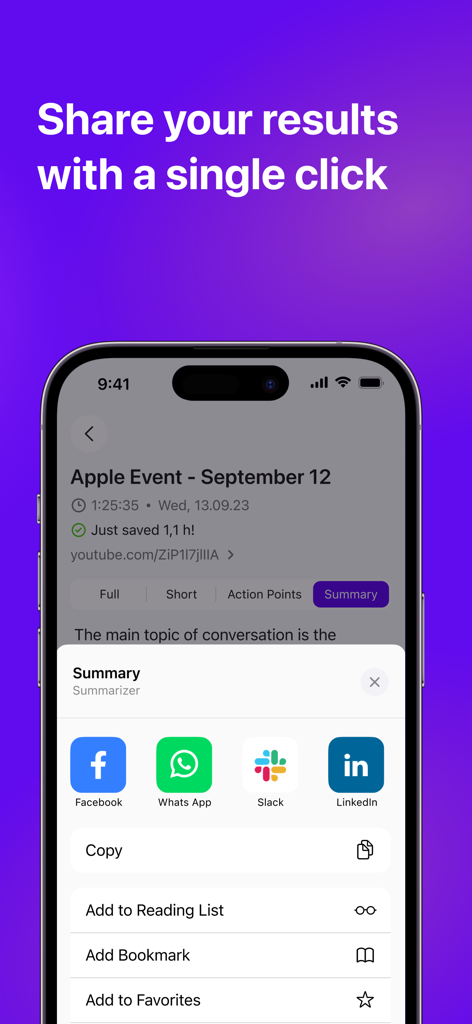 Sum AI: Speech to Text Notes - Interface of Sum AI app showing one-click sharing options for meeting summaries to platforms like Slack and LinkedIn