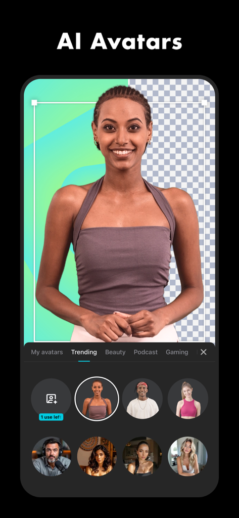 CapCut app screen displaying the AI Avatars feature with background removal and various character options.