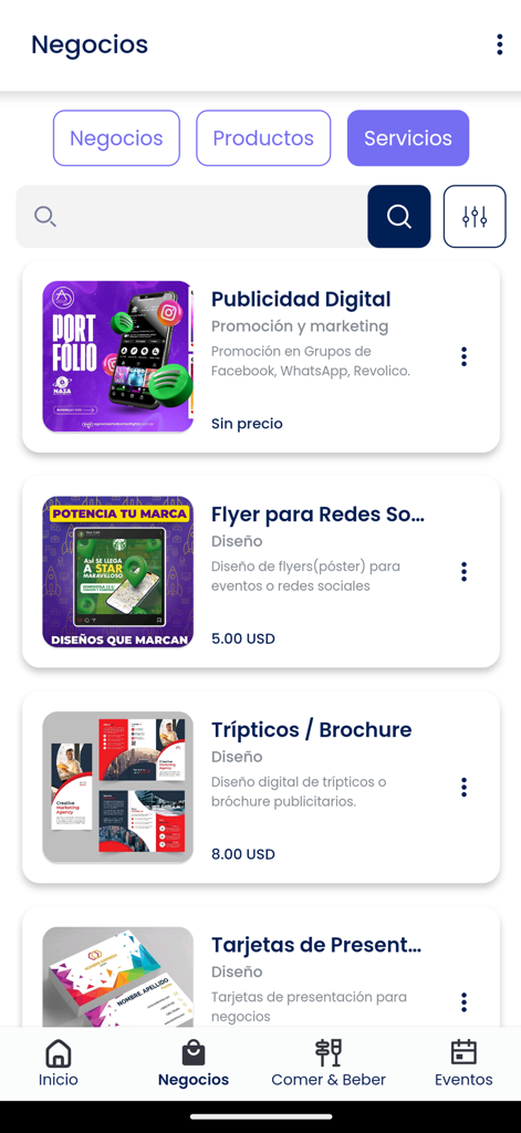 La Lupa App - Mobile app interface for La Lupa showing local service listings for digital marketing and graphic design