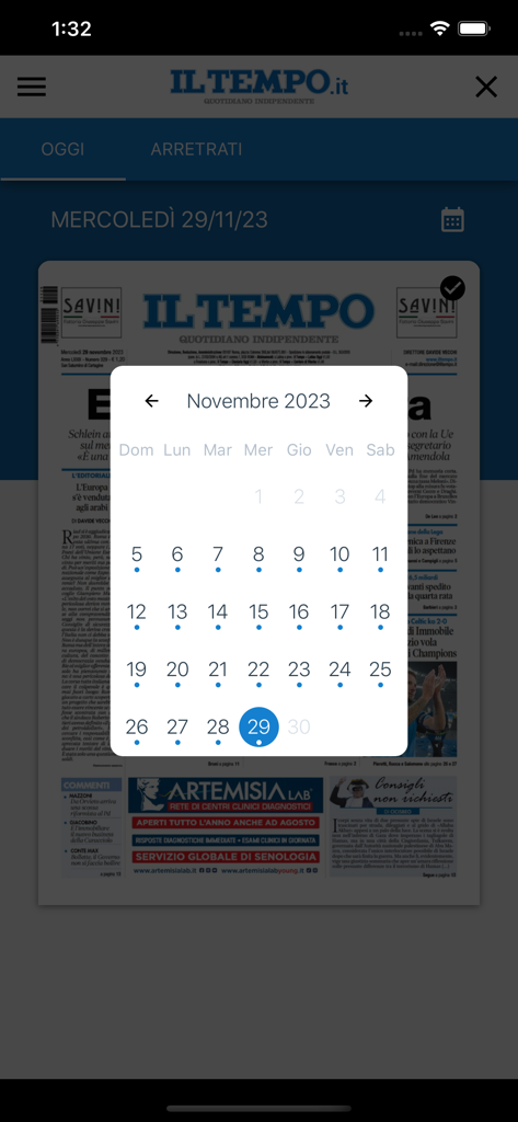 Il Tempo edizione digitale - Schermata di selezione del calendario per la consultazione degli archivi del giornale nell'app dell'edizione digitale de Il Tempo